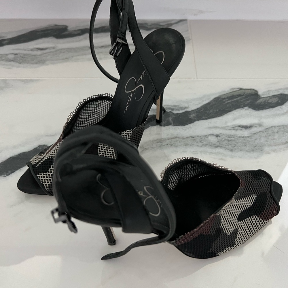 Jessica Simpson ankle wrap camo heels with open toe